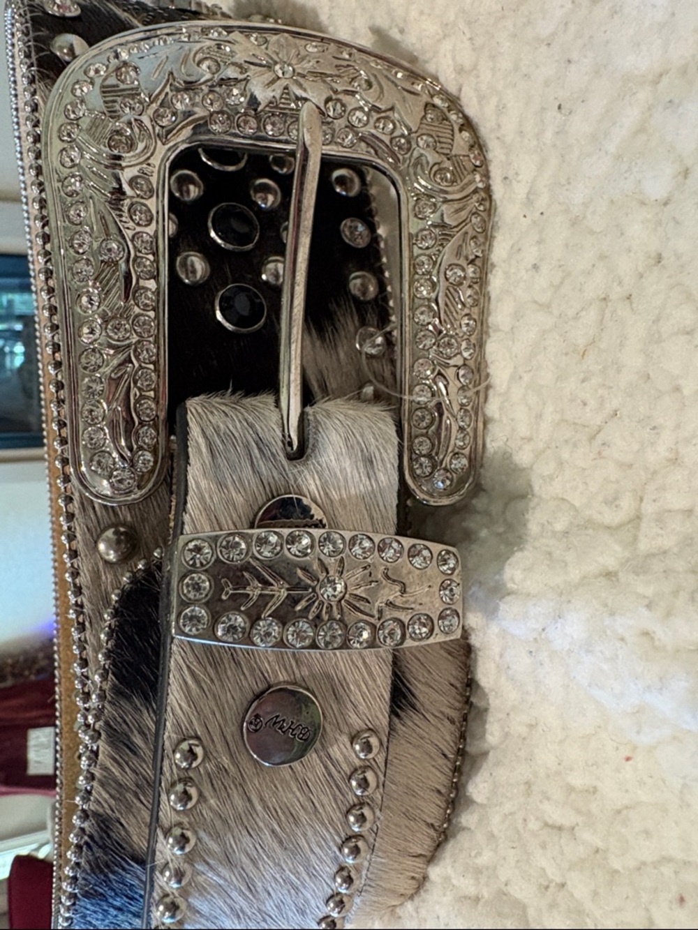 Rhinestone Western-Inspired Black & Gray Haircalf Belt